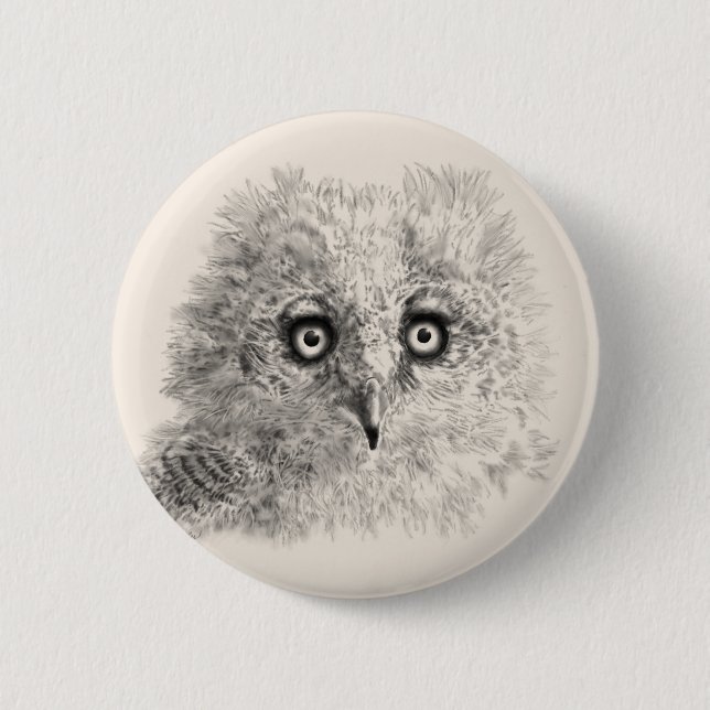 Great Horned Owlet Drawing Button (Front)