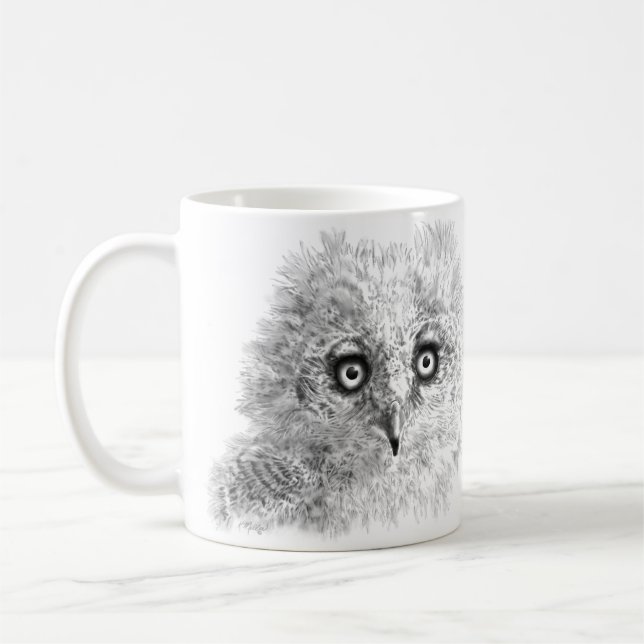 Great Horned Owlet Drawing Coffee Mug (Left)