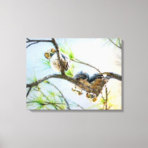 Great Horned Owlets Looking From Branch Fine Art Canvas Print