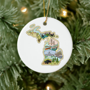 Great Lake State Michigan Vintage Illustrated Map Ceramic Ornament
