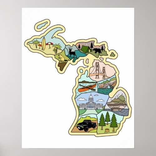 Great Lake State Michigan Vintage Illustrated Map Poster