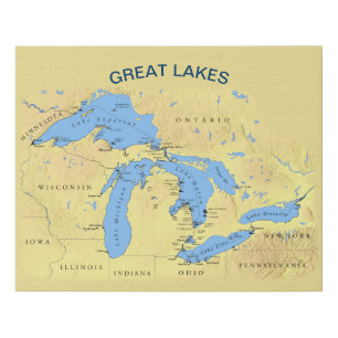 Great Lakes Map of North America Faux Canvas Print