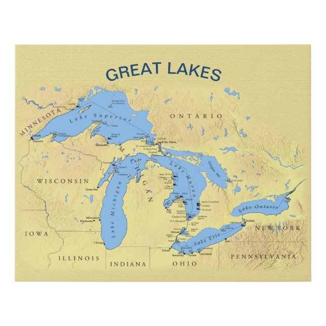 Great Lakes Map of North America Faux Canvas Print (Front)