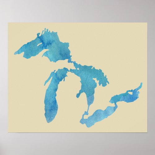 Great Lakes map silhouette in watercolor Poster