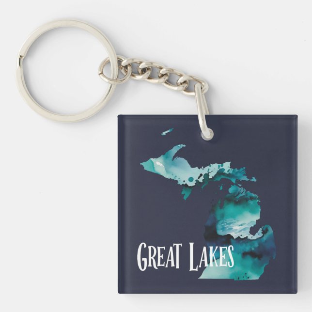 Great Lakes Michigan State Map Blue Watercolor Keychain (Front)