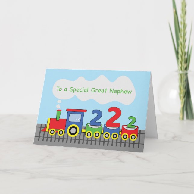 Great Nephew 2nd Birthday Colorful Train on Track Card (Front)