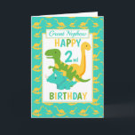 Great Nephew Dinosaur 2nd Birthday Blue Card<br><div class="desc">A fun 2nd birthday card for your great Nephew. This bright first birthday card features a cartoon green T-Rex dinosaur, a yellow Brontosaurus and a blue Triceratops, set on a blue and yellow dinosaur background A lovely cute design for a little boy who will be two years old. The birthday...</div>