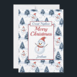 Great Nephew Merry Christmas Snowman Flat Holiday Card<br><div class="desc">A lovely great nephew Flat Christmas card. Design pattern features cute snowmen wearing red santa hats and scarfs and blue snow covered fir trees all on a snowy background. All text can be amended as needed to customize - change great nephew to nephew grandson, son or brother, then personalize with...</div>