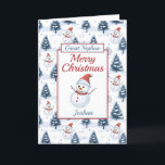 Great Nephew Merry Christmas Snowman Holiday Card<br><div class="desc">A lovely great nephew Christmas card. Design pattern features cute snowmen wearing red santa hats and scarfs and blue snow covered fir trees all on a snowy background. All text can be amended as needed to customize - change great nephew to nephew grandson, son or brother, then personalize with a...</div>