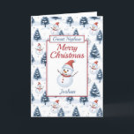 Great Nephew Merry Christmas Snowman Holiday Card<br><div class="desc">A lovely great nephew Christmas card. Design pattern features cute snowmen wearing red santa hats and scarfs and blue snow covered fir trees all on a snowy background. All text can be amended as needed to customize - change great nephew to nephew grandson, son or brother, then personalize with a...</div>