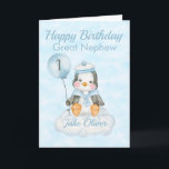 Great Nephew Penguin 1st Birthday Card<br><div class="desc">A cute Great Nephew 1st birthday baby penguin birthday card. The card features a baby boy penguin sitting on a cloud holding a balloon. A sweet design for your great Nephew, Nephew or God son who will be 1 years old. Add the child, s name to the front of the...</div>
