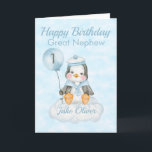 Great Nephew Penguin 1st Birthday Card<br><div class="desc">A cute Great Nephew 1st birthday baby penguin birthday card. The card features a baby boy penguin sitting on a cloud holding a balloon. A sweet design for your great Nephew, Nephew or God son who will be 1 years old. Add the child, s name to the front of the...</div>
