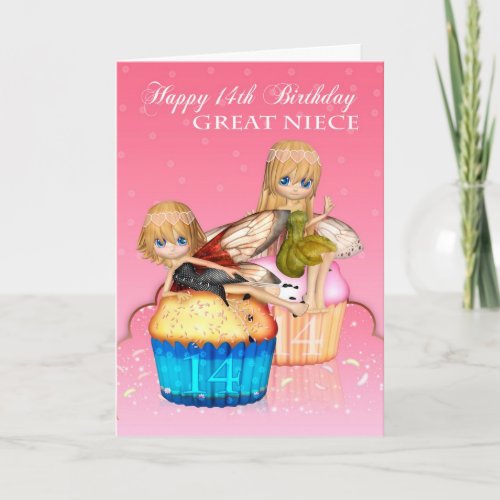 Great Niece 14th Birthday With Cute Fairies Cakes Card