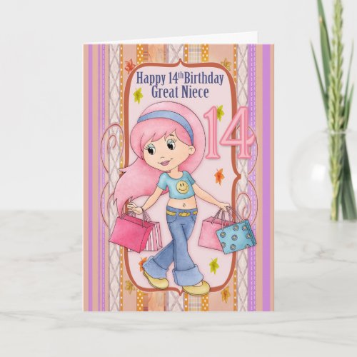 Great Niece 14th Birthday With Cute Shopping Teen Card