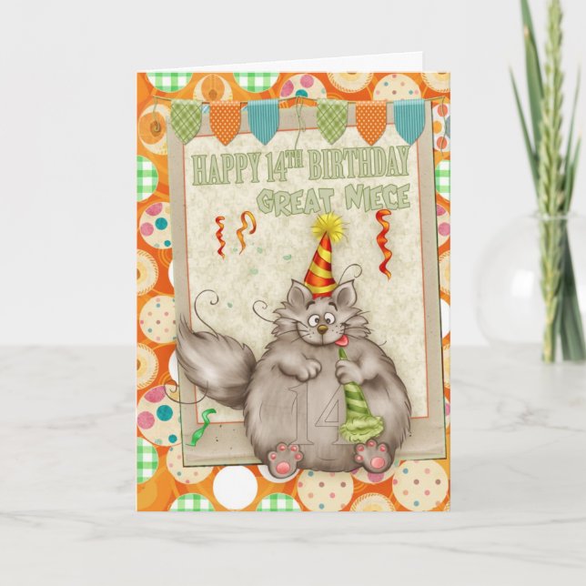 Great Niece 14th Birthday With Fun Party Cat Card (Front)