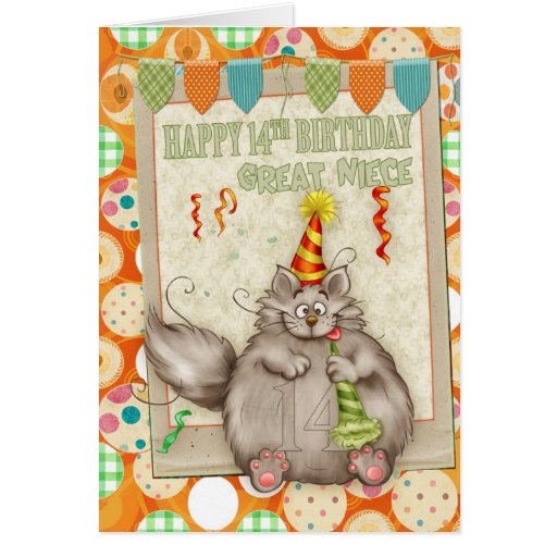 Great Niece 14th Birthday With Fun Party Cat Card | Zazzle