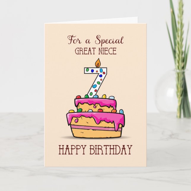 Great Niece 7th Birthday, 7 on Sweet Pink Cake Card (Front)