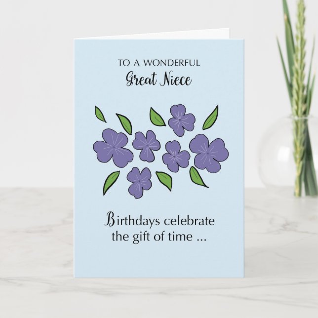 Great Niece Birthday with Violet Flowers Leaves Card (Front)