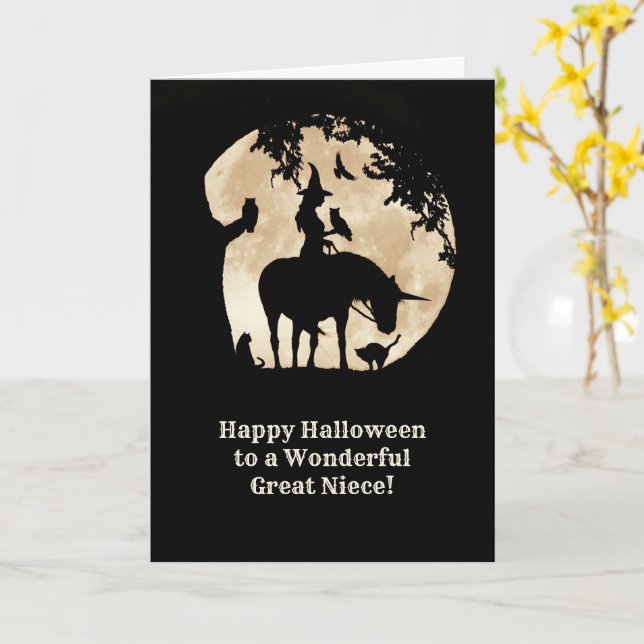 Great Niece Happy Halloween Cute Witch and Animals Card (Yellow Flower)