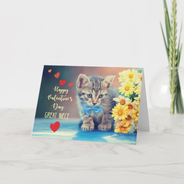 Great Niece Love Valentine Kitten  Yellow Daisies Card (Front)