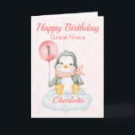 Great Niece Penguin Happy 1st Birthday Card<br><div class="desc">A cute 1st birthday Great Niece baby penguin birthday card. The card features a baby girl penguin sitting on a cloud holding a balloon. A sweet design for a little girl who will be one years old. Add the child, s name to the front of the card to customize it...</div>