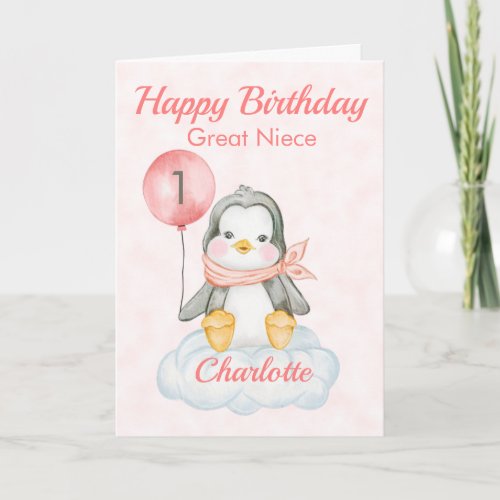 Great Niece Penguin Happy 1st Birthday Card