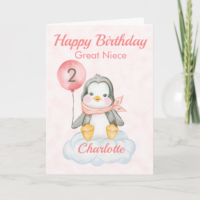 Great Niece Penguin Happy 2nd Birthday Card (Front)