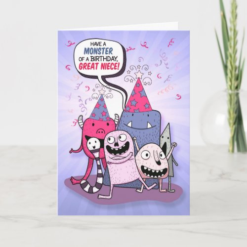 Great Niece Pink and Purple Monster Birthday Card