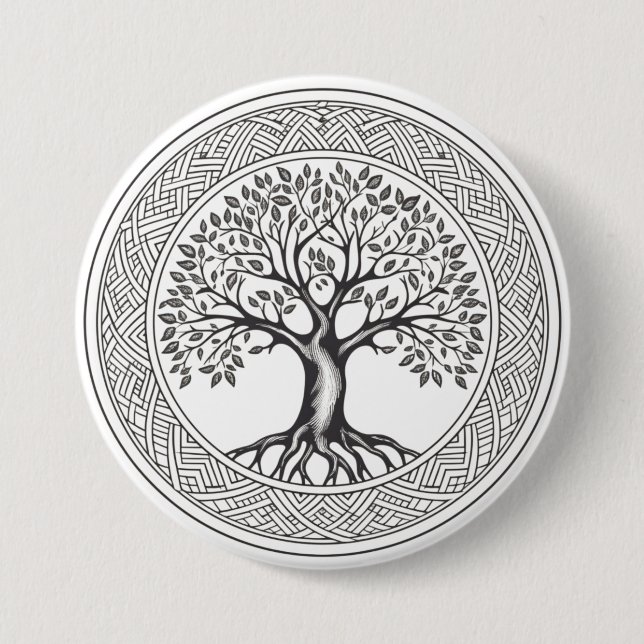 Great Oak Tree of Life Celtic Sketch Button (Front)