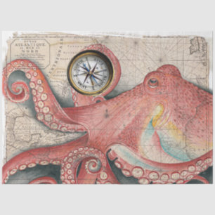 Great Pacific Octopus Vintage Map Compass Art Tissue Paper