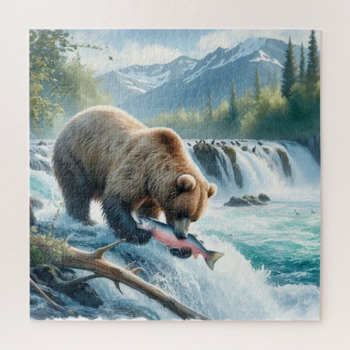 Great picture of brown bear fishing for salmon jigsaw puzzle
