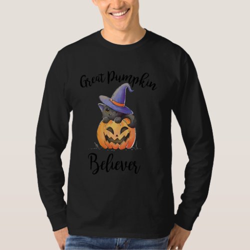 Great Pumpkin Believer Cat With Hat Witch On Pumpk T_Shirt