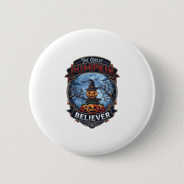 Great Pumpkin Believer Scarecrow Witch Hat Hallowe Button (Front)