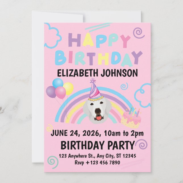 Great Pyrenees Birthday Invitation Pink (Front)