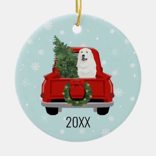 Great Pyrenees Christmas Red Truck Ceramic Ornament