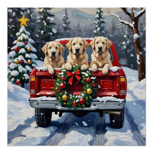 Great Pyrenees Christmas Red Truck Holiday Poster (Front)