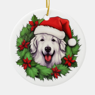 Great Pyrenees Christmas Wreath Ceramic Ornament
