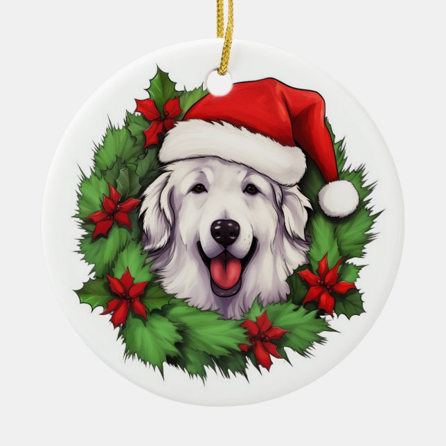 Great Pyrenees Christmas Wreath Ceramic Ornament (Front)