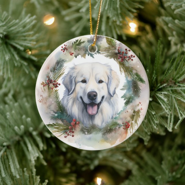 Great Pyrenees Christmas Wreath Festive Pup  Ceramic Ornament (Tree)