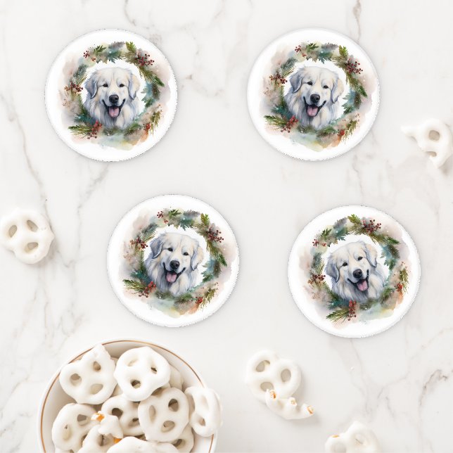 Great Pyrenees Christmas Wreath Festive Pup  Coaster Set (In Situ)