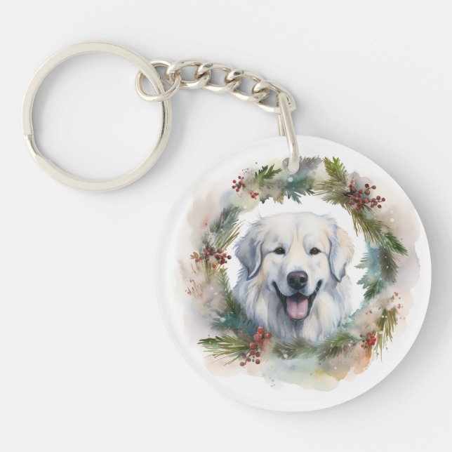 Great Pyrenees Christmas Wreath Festive Pup  Keychain (Front)