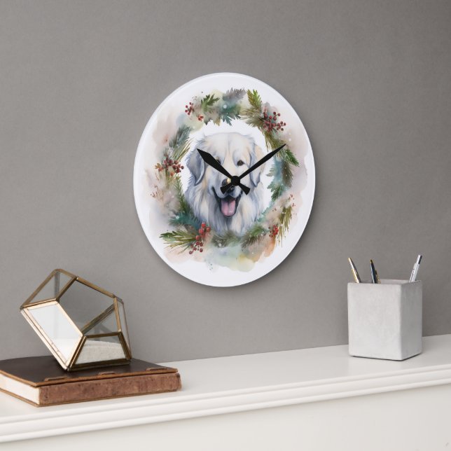 Great Pyrenees Christmas Wreath Festive Pup  Large Clock (Office)