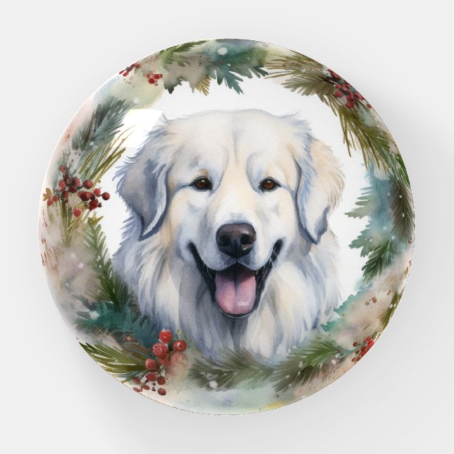 Great Pyrenees Christmas Wreath Festive Pup  Paperweight (Front)