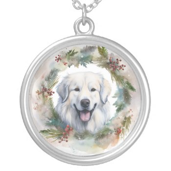 Great Pyrenees Christmas Wreath Festive Pup  Silver Plated Necklace by aashiarsh at Zazzle