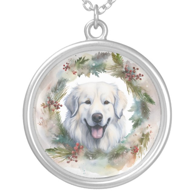 Great Pyrenees Christmas Wreath Festive Pup  Silver Plated Necklace (Front)