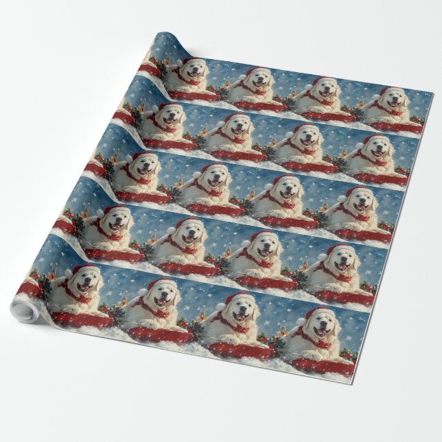 Great Pyrenees Dog in Sledge Let it Snow Christmas Wrapping Paper (Unrolled)