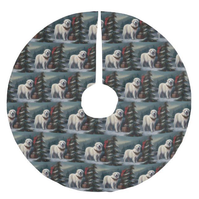 Great Pyrenees Dog in Snow Christmas Brushed Polyester Tree Skirt (Front)