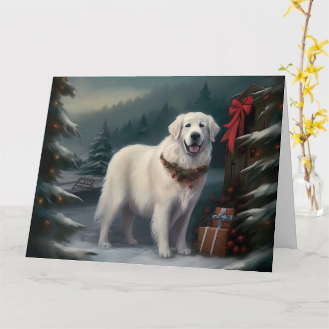 Great Pyrenees Dog in Snow Christmas Card (Yellow Flower)