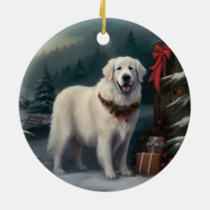Great Pyrenees Dog in Snow Christmas Ceramic Ornament