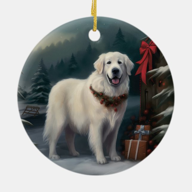 Great Pyrenees Dog in Snow Christmas Ceramic Ornament (Back)